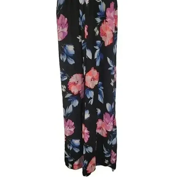 Aqua Women's Black Poly Bright Floral Deep V Front & Back Sleeveless Jumpsuit Ro - Picture 8 of 13